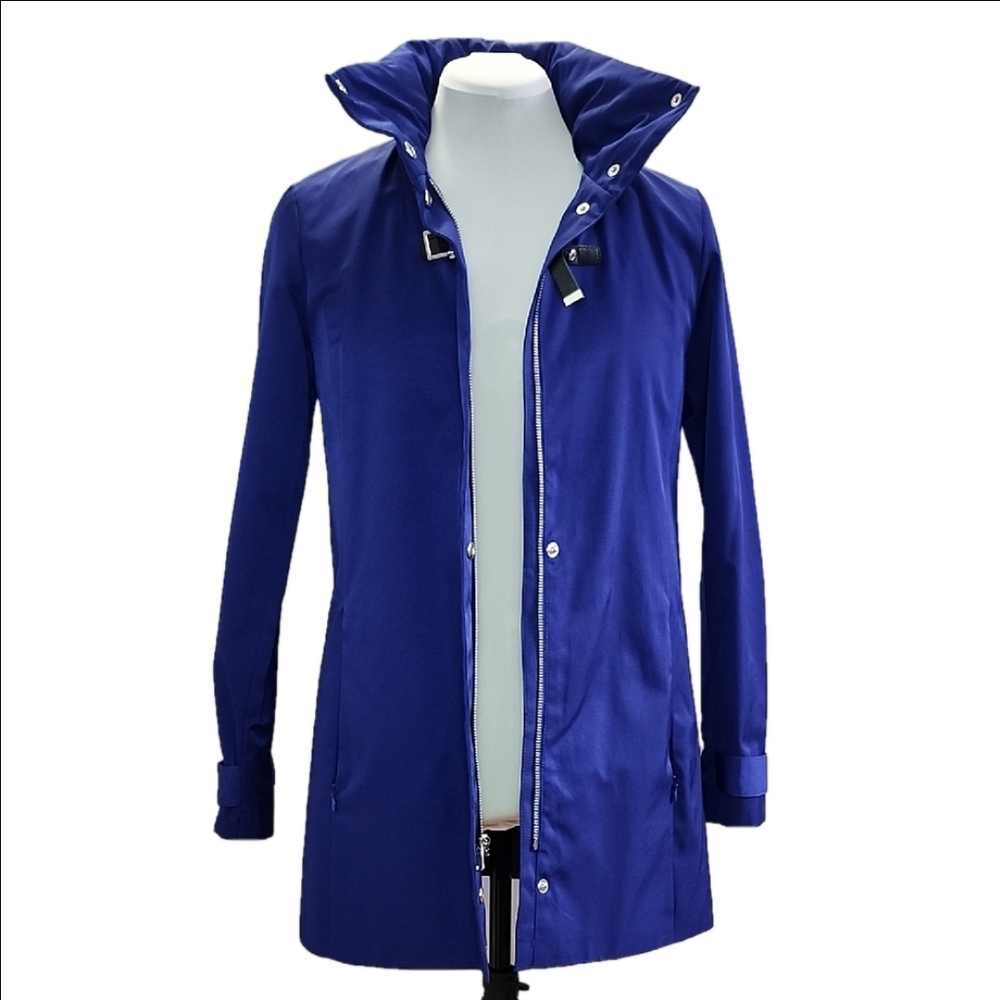COLE HAAN Royal blue zip-up hooded windbreak trench coat